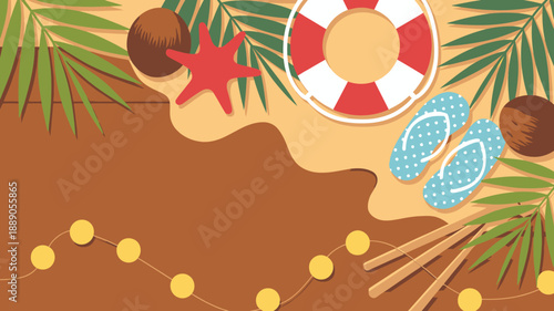 Summer vacation flat lay illustration, tropical beach holiday travel concept, minimalist graphic elements