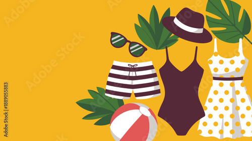 Summer vacation essentials and beach clothing flat lay on yellow background, tropical leaves, holiday preparation