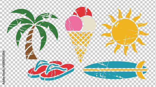 Summer vacation grunge icons set featuring palm tree, ice cream, sun, flip flops, and surfboard symbols