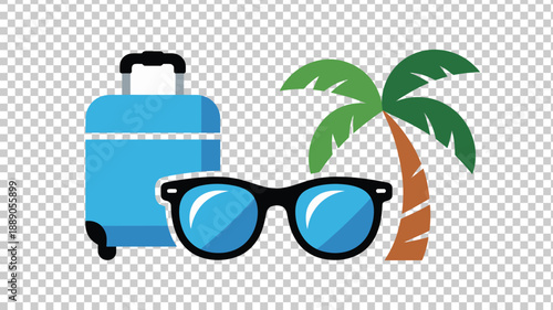 Summer vacation holiday trip illustration featuring blue travel suitcase, sunglasses, and tropical palm tree