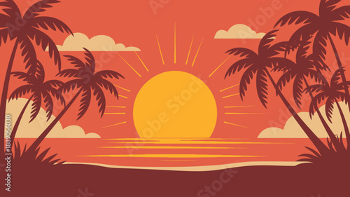 Tropical beach sunset with silhouetted palm trees, vibrant orange sky and calm ocean