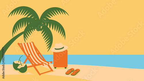 Tropical beach vacation essentials, summer holiday travel background, sunny ocean getaway illustration, relaxing paradise destination