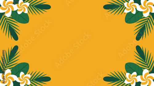 Tropical floral border, plumeria, palm leaves, summer vacation theme, vibrant yellow background, flat design frame