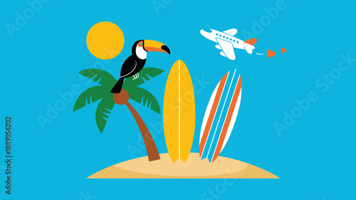 Tropical island getaway with toucan on palm tree, surfboards, sun, and airplane travel illustration
