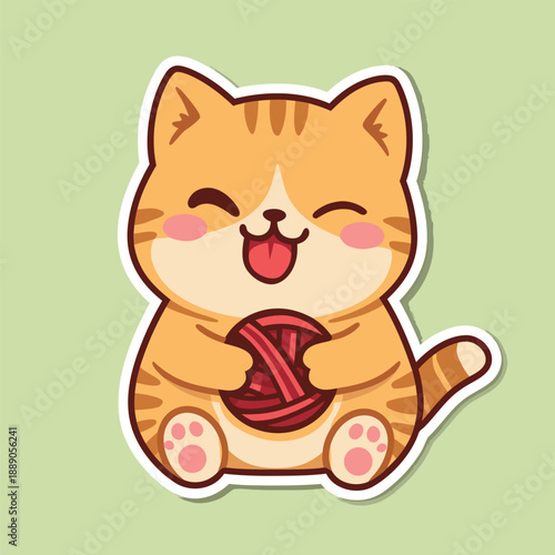 Adorable cartoon cat playing with a ball of yarn.