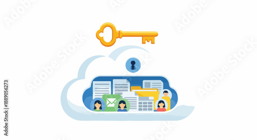Illustrating the concept of secure cloud computing and data privacy, with a golden key protecting digital information and user access