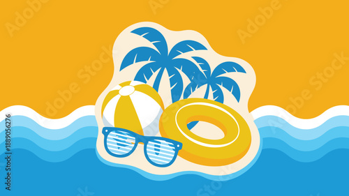 Tropical island with palm trees, beach ball, swimming ring, sunglasses floating on ocean waves illustration