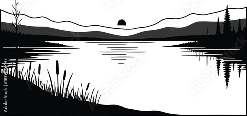 Serene lake scene at sunset with silhouetted mountains and vegetation