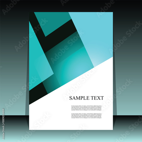 Teal and Black Abstract Layout with Sample Text. A modern abstract poster or flyer template featuring overlapping rectangles and parallelograms in shades of teal, turquoise, and black. 