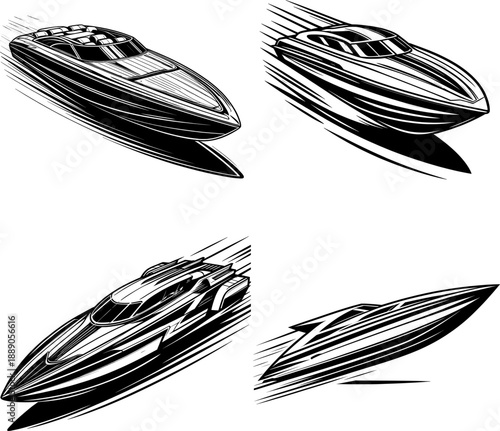 Bold outline black and white speedboat silhouette, minimal fast watercraft vector, isolated