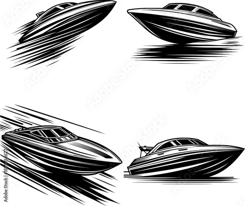 Bold outline black and white speedboat silhouette, minimal fast watercraft vector, isolated