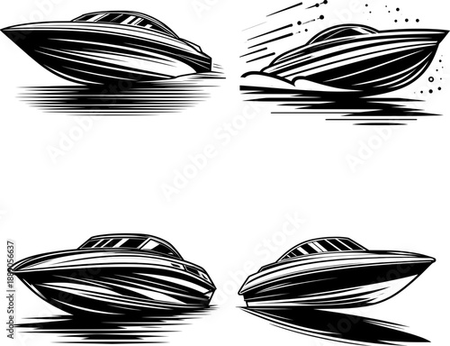 Bold outline black and white speedboat silhouette, minimal fast watercraft vector, isolated