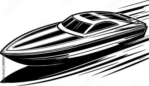 Bold outline black and white speedboat silhouette, minimal fast watercraft vector, isolated