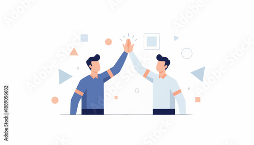 Men highfive amid colorful shapes celebrating camaraderie in a vibrant blue orange graphic setting