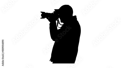 Black Silhouette Vector of Photographer Aiming DSLR Camera - Isolated Icon on White Background