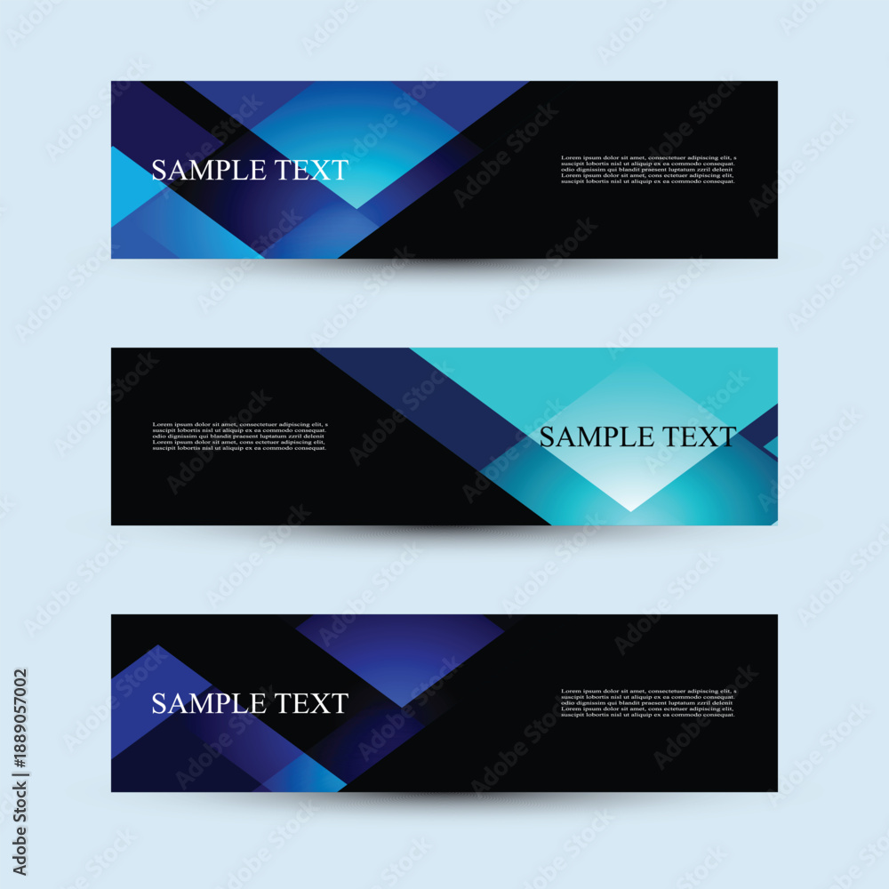 Fototapeta premium Abstract Blue Geometric Banner Templates. A set of three horizontal banner templates featuring abstract geometric designs with overlapping translucent shapes in shades of blue, purple, and black. 