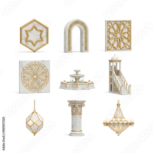 Collection of Islamic architectural elements and decorations, featuring arches, Islamic patterns, minarets, fountains, columns, and chandeliers