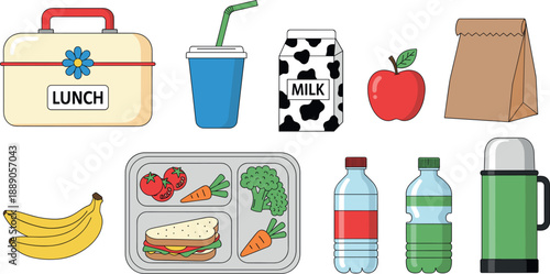 School lunch set with lunch box healthy food and drinks illustration