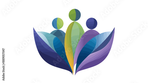 Colorful abstract illustration of diverse people figures growing from a stylized plant, symbolizing community, unity, and support.