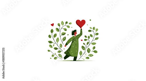 Stylized person holding a red heart surrounded by green leaves, symbolizing love, care, nature, growth, and compassion.