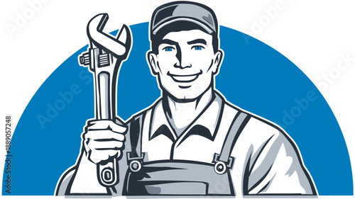 Smiling Handyman or Mechanic holding a Wrench. Professional Service Worker in Overalls and Cap. Graphic Illustration.