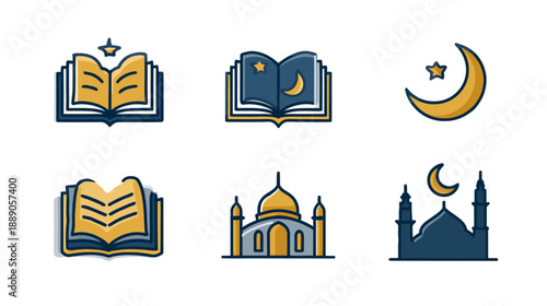 Islamic Religious Icon Set with Quran, Mosque, Crescent Moon & Star Symbols. Flat Design Vector Illustrations.