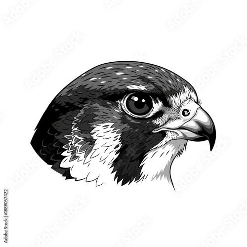 Close-up monochrome drawing captures the intense gaze and sharp features of a peregrine falcon's head with intricate feather textures.