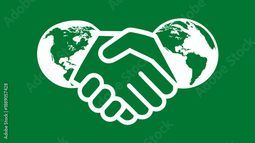 Global partnership and cooperation icon with handshake and world maps on a green background representing sustainability and agreement.