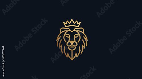 Elegant golden line art illustration of a majestic crowned lion head on a dark background, symbolizing royalty, power, and luxury.