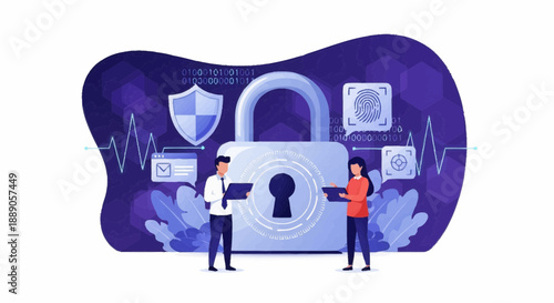 Illustrated security scene with two people, a padlock, shield, and heartbeat line on a blue background