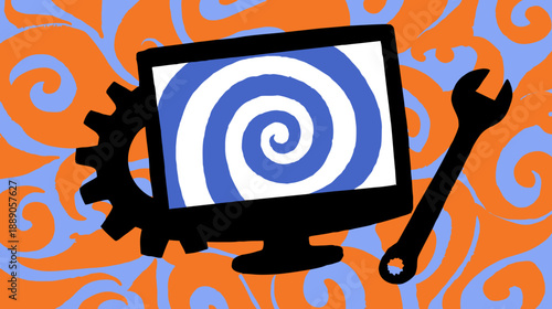 Conceptual Tech Repair Illustration: Computer, Gear, Wrench, and Hypnotic Spiral Screen on Decorative Background