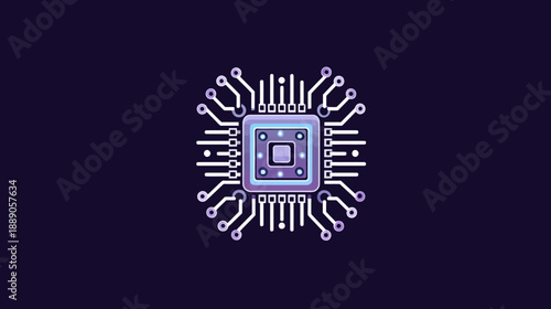 Glowing Digital Microchip Circuit Board Illustration. Futuristic Processor Icon for AI, Data, Computing, and High-Tech Solutions on Dark Background.