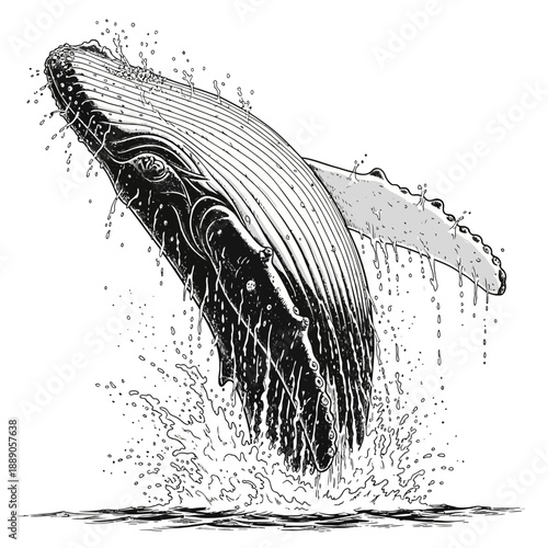 Humpback whale breaches dramatically from the water surface creating an eruption of white splashing droplets.