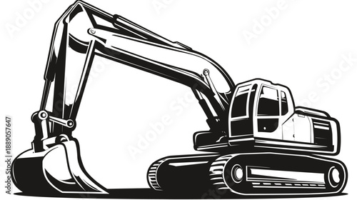 Monochrome vector illustration of an industrial excavator, heavy construction machinery with a powerful digging arm and shovel bucket