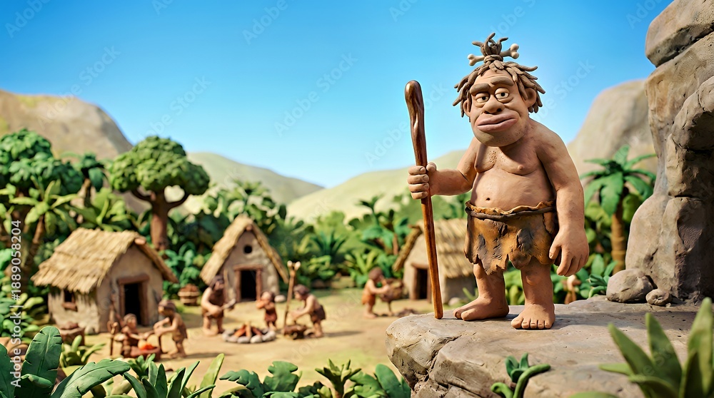 Fototapeta premium Prehistoric Village Life: Caveman Leader with Stone Tools and Thatch Huts