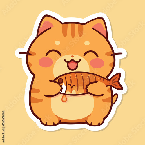 Adorable orange tabby cat happily holding a fish sticker design.