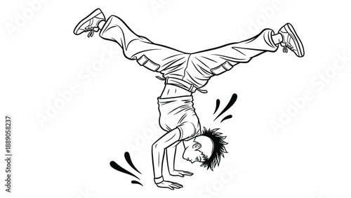 Energetic male breakdancer performing a headspin freeze for urban youth culture entertainment branding and modern dance studio business resources.