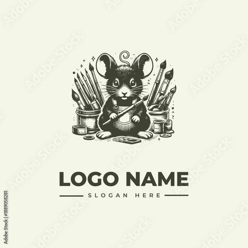 A vintage engraving-style illustration of a mouse holding a paintbrush surrounded by brushes and jars with paints and artistic tools on a clean white background with a logo and slogan