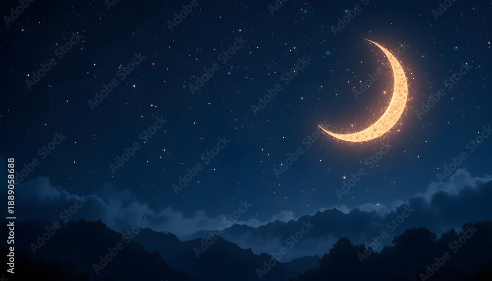 Naklejka premium Ramadan Night Sky Background with Glowing Crescent