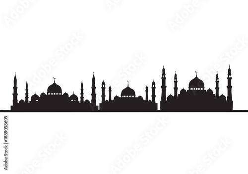 A striking black silhouette depicts a dense cityscape of mosques and minarets against a plain white background high quality professional detailed