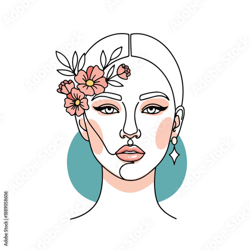 Woman Face Illustration with Flowers Hair.