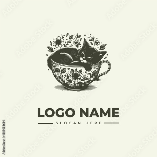 A vintage-style woodcut illustration of a sleeping cat in a teacup with floral patterns and leaves, with a logo name and slogan on a plain background.