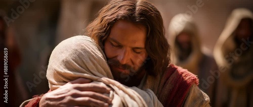 Jesus offering a comforting embrace, symbolizing love, forgiveness, faith