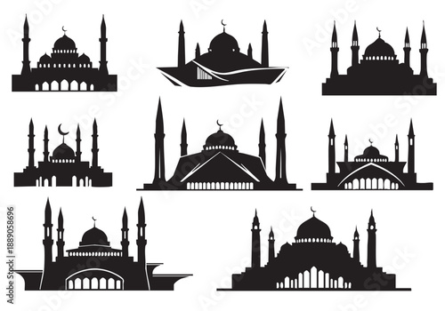 A collection of black silhouette illustrations depicting various islamic mosques and architectural structures high quality professional detailed modern elegant stylish clean