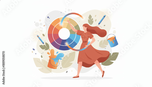 Dynamic Woman Dancing With a Colorful Wheel in a Joyful Art Studio Viewpoint
