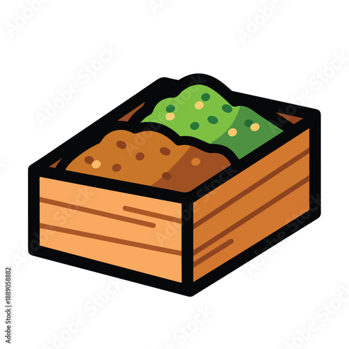 Wooden crate filled with soil and plants.