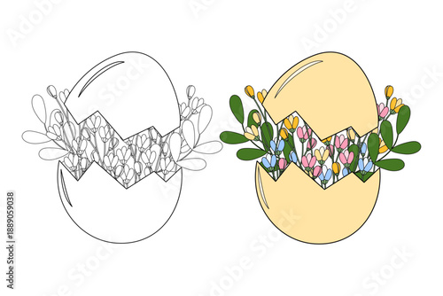 Cracked Eggshell with floral composition Outline and color Minimalist Flat design elements Set Icon. Isolated Vector illustration Springtime or Easter Thematic Cards Sticker Pictogram Leaflets, banner
