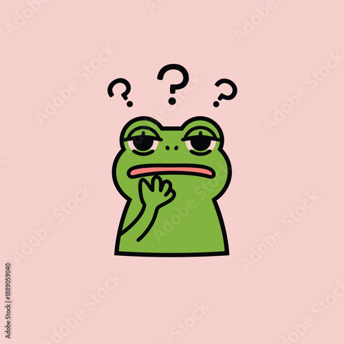 Confused green frog cartoon with question marks above its head.