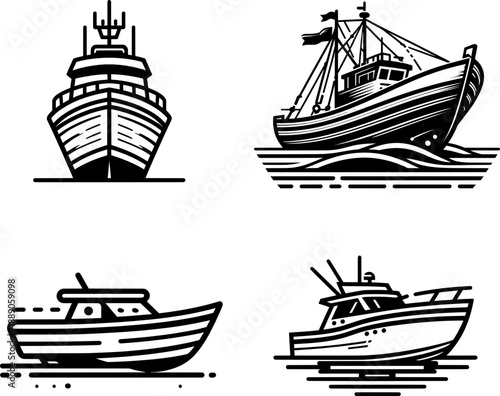 Bold outline black and white boat silhouette, minimal watercraft vector, isolated