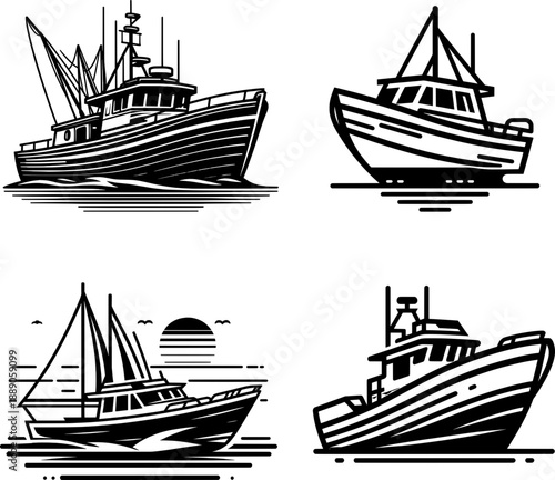 Bold outline black and white boat silhouette, minimal watercraft vector, isolated